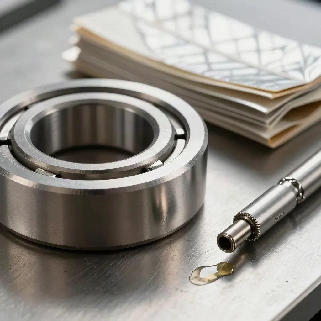 Macro of bearing housing, shim pack, and coolant nozzle on brushed steel with oil haze.