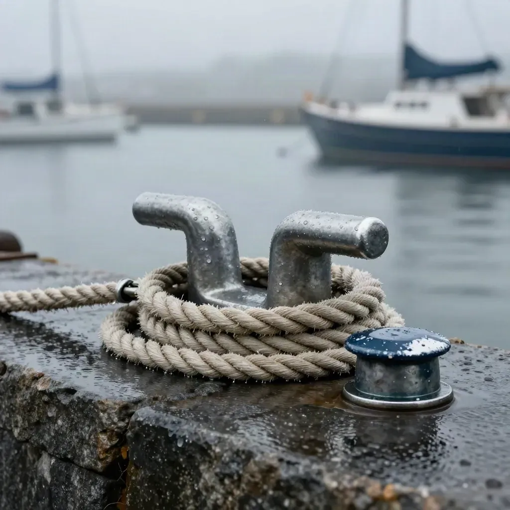 Wet harbor hardware on graphite stone: shackle, dock line, and vent cap in misty light