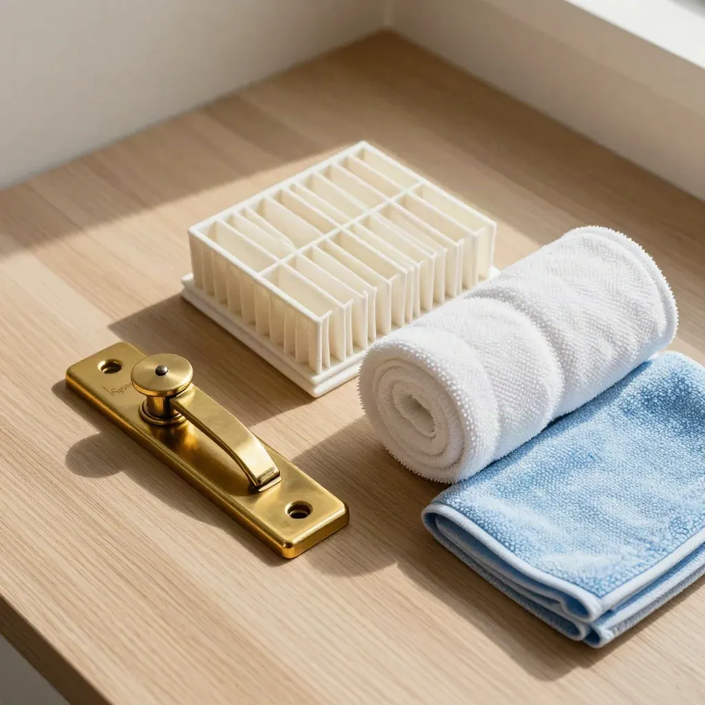 Brass latch, pleated filter and rolled linen on pale wood, top-down hotel maintenance still life