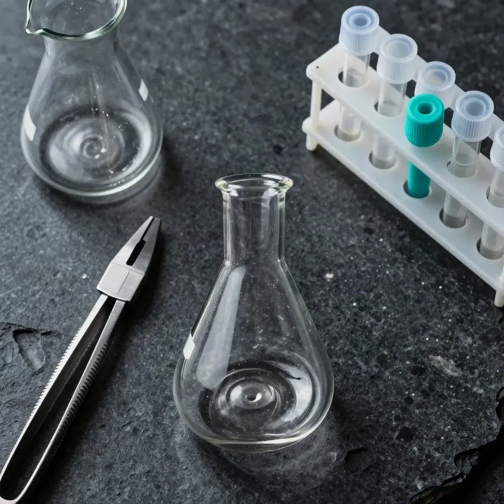 Lab flasks, forceps, and a tube rack on dark basalt in dramatic overhead light.