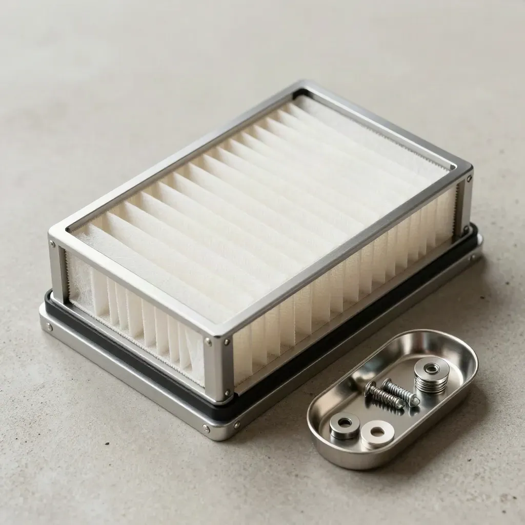 Cleanroom filter cassette, anti-vibration mount, and fastener tray on pale concrete with soft daylight.