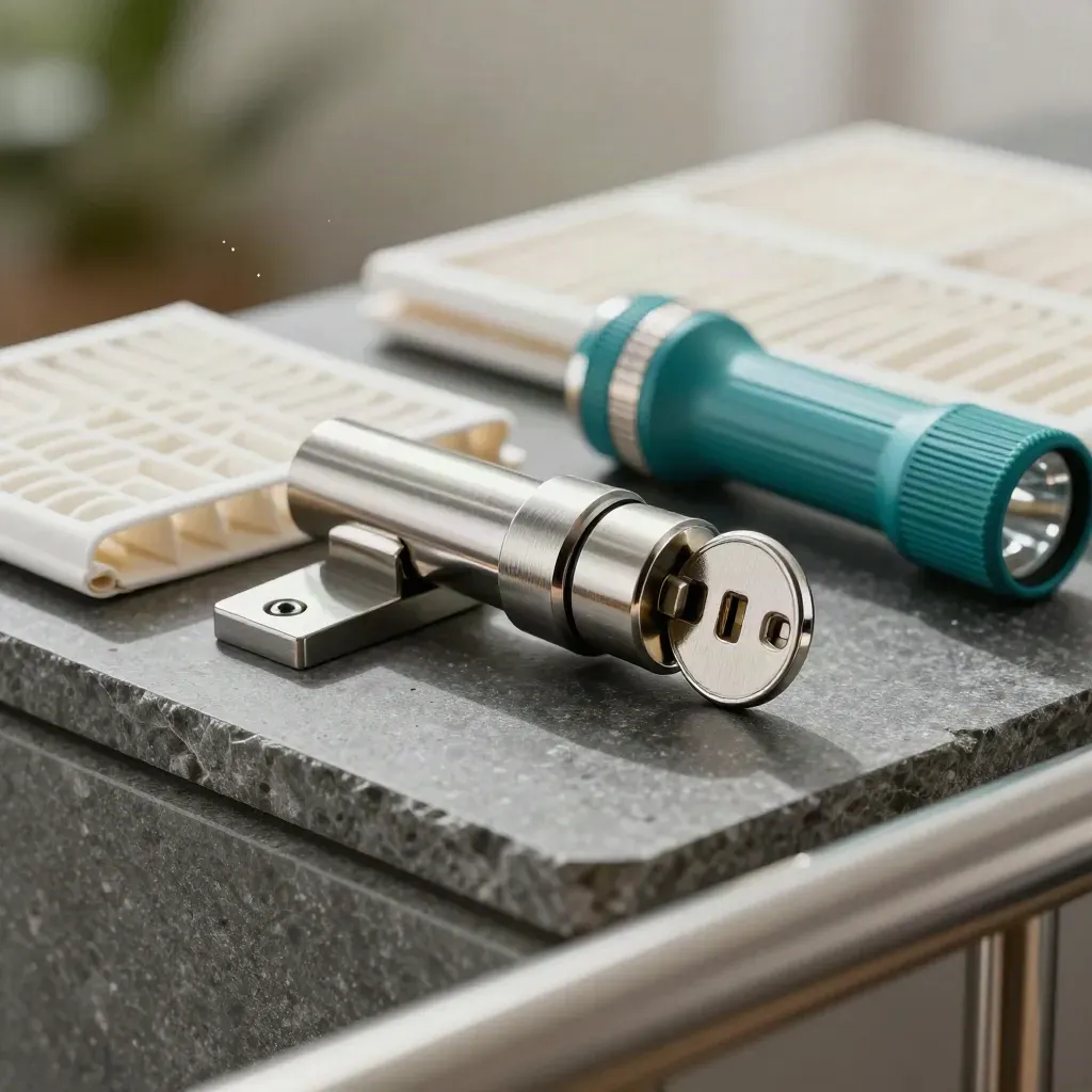 Lock hardware, filter, and flashlight on stone with dust motes and teal accent.