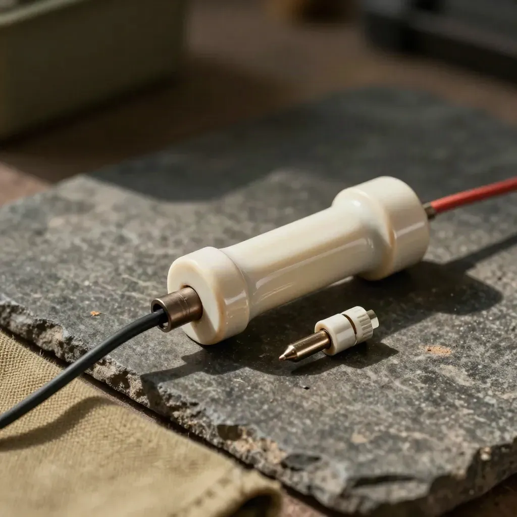 HVAC repair parts on dark stone: igniter, wire pigtail, and flame sensor tip