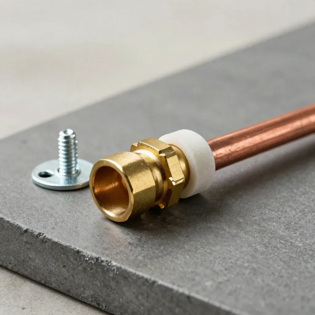 Copper refrigerant line, brass coupling, foam ring and mounting anchor on a concrete slab in soft light.