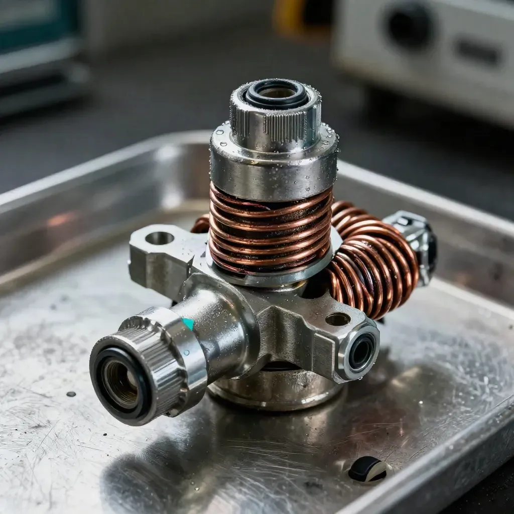 Macro HVAC solenoid coil, service caps and O-rings on brushed metal with cool haze