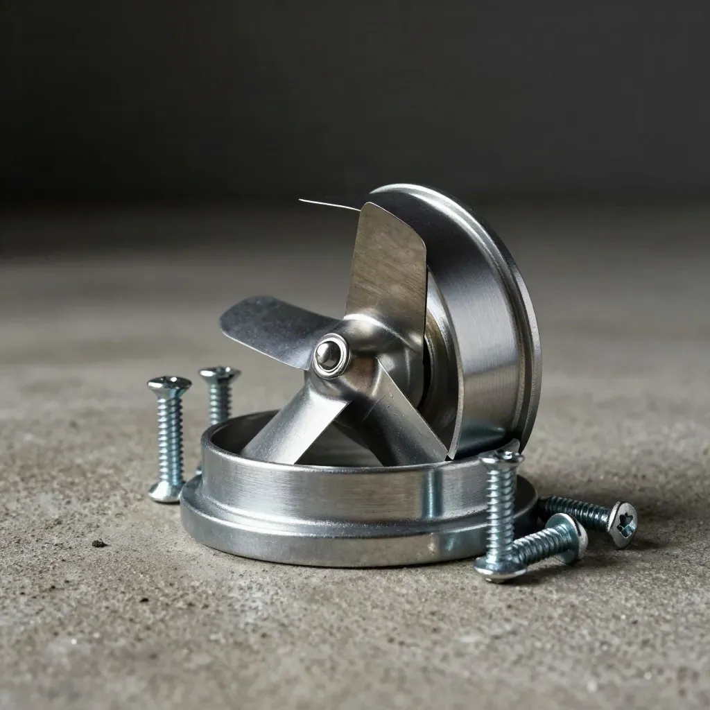 Damper blade in balancing collar with screws on concrete, lit dramatically in studio