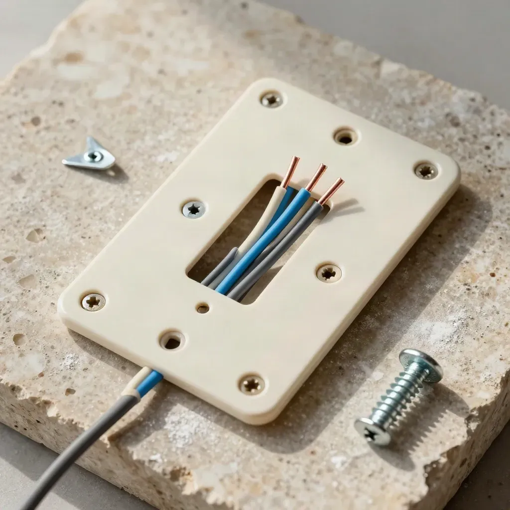 Thermostat backplate, low-voltage wires, anchors, and screws on limestone dust.