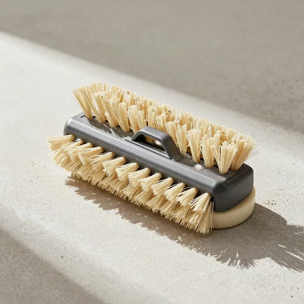 Rotary duct brush head with vacuum collar and dust on pale concrete