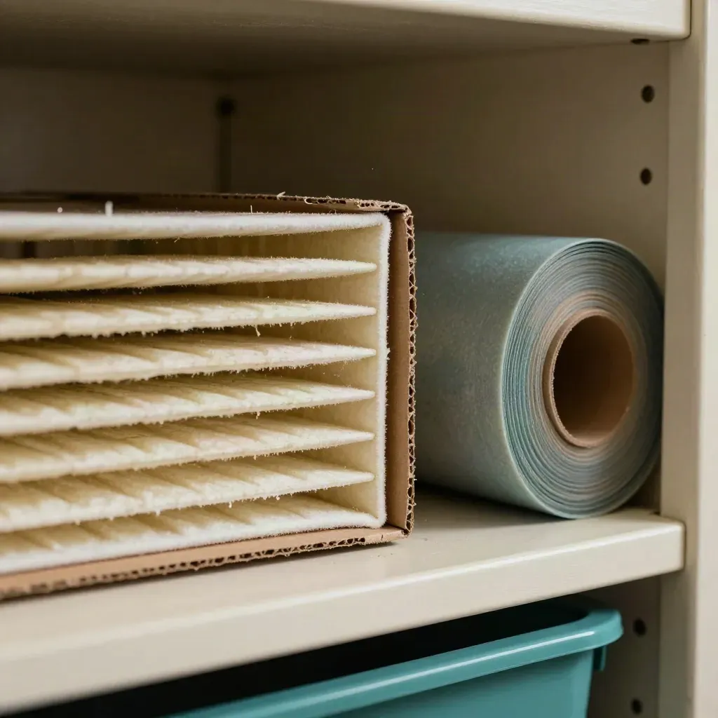Close-up of pleated home filters, furnace frame and weatherstripping on a utility shelf.
