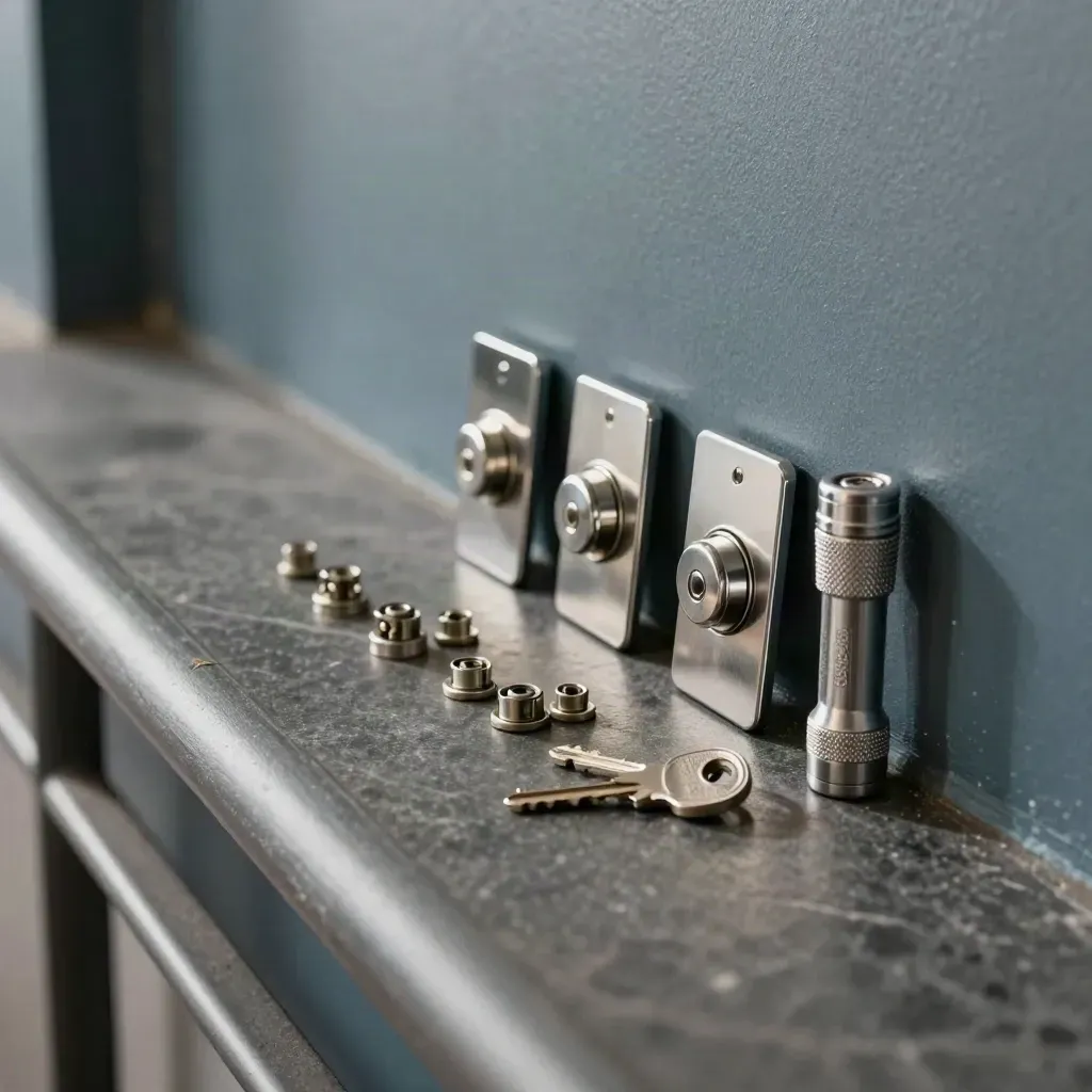 Lock cylinders, deadbolt faceplates and a flashlight on dark stone in a hazy hallway.