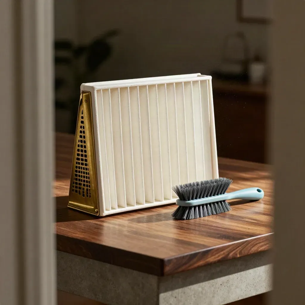 HVAC filter, brass grille corner, and vent brush on a dark tabletop with dust in warm light