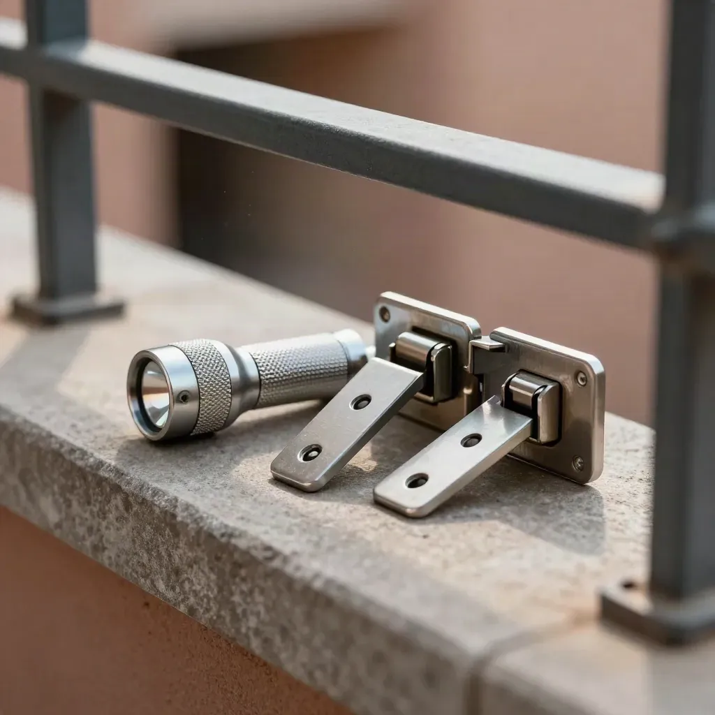 Lock cylinders, latch plates, and a flashlight on stone, seen through blurred railing.