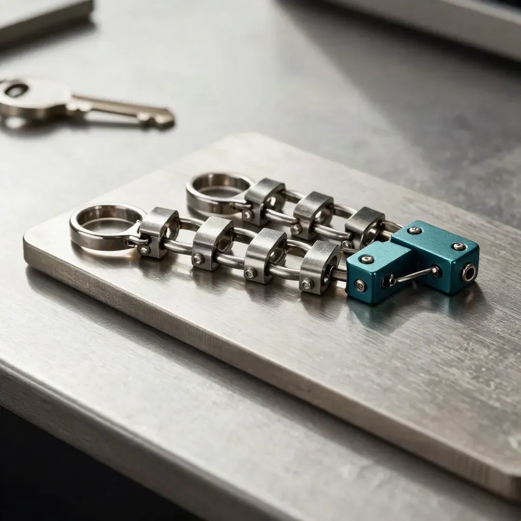 Linked HVAC connector parts in dramatic studio light on brushed steel.