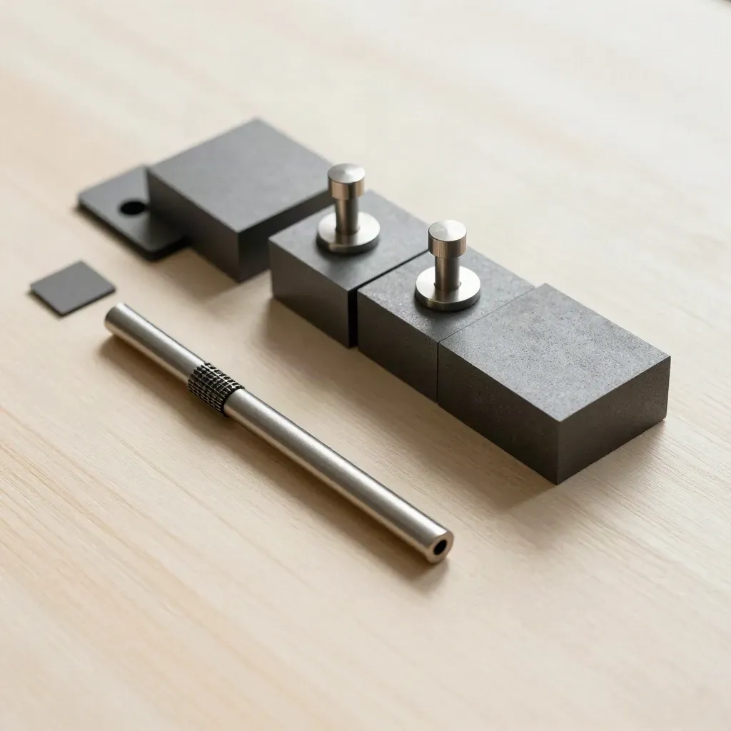 Graphite modular HVAC parts and spacer bar arranged on pale wood in soft daylight