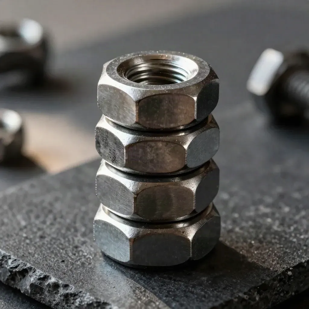 Macro still life of steel coupling nuts, bolts and sleeves stacked on black stone with silver dust.