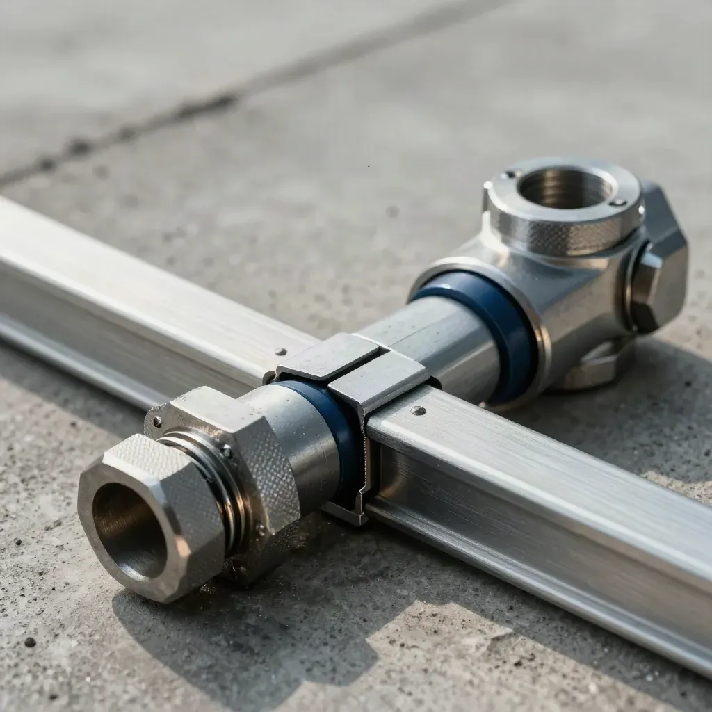 Locking cable glands and aluminium rails align on concrete in a close-up macro.