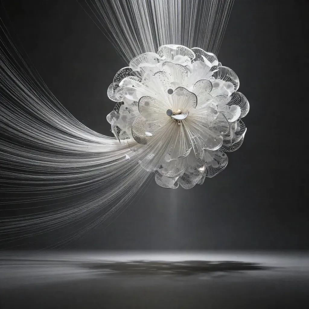 Silver filaments stream through dark haze into a soft white bloom with calm space below.